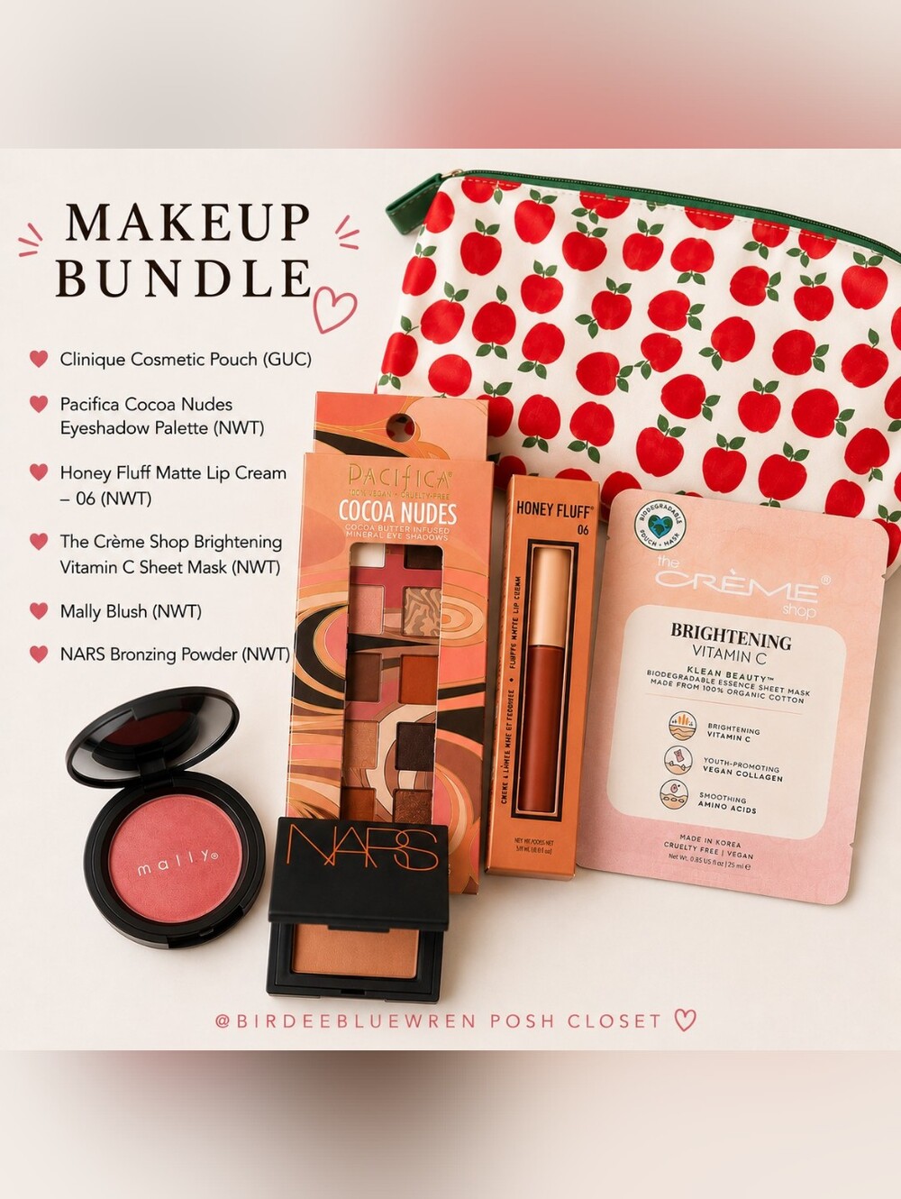 Pacifica Cocoa Nudes Eyeshadow Palette with Red & Green Apple Print Pouch